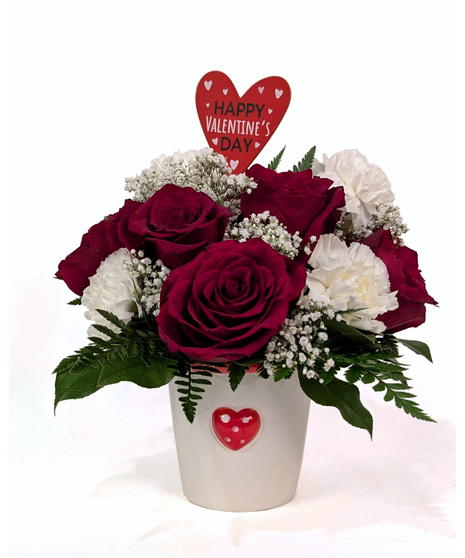 Cupid - Red Roses & White Carnations in a Heart Vase