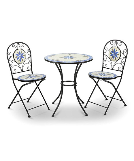 3 Piece Mosaic Bistro Set - Blue & Beige Table & Chairs